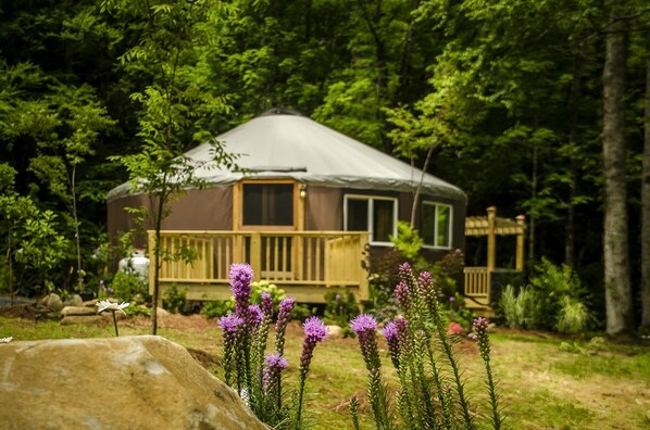 A cabin with a covered porch, surrounded by greenery and purple flowers.