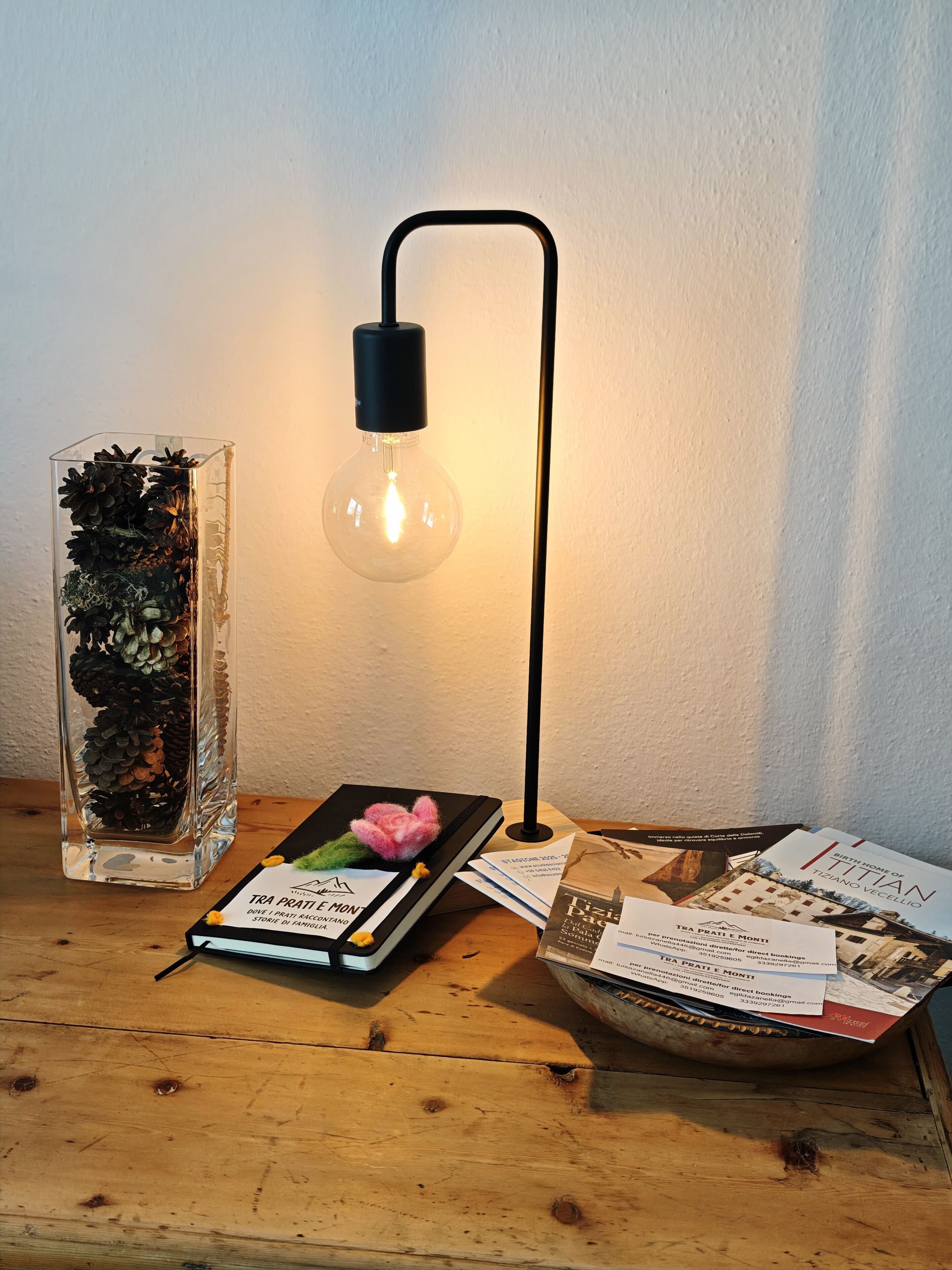 Ett bord med en genomskinlig glasvas som innehåller kottar, en bok med titeln ”TRA PRATI E MONTI”, en svart lampa och ett antal utspridda reklamfoldrar.