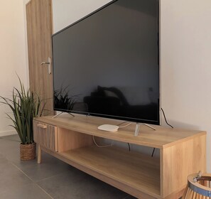 Ein Flachbildfernseher an einem Holz-TV-Möbel, daneben eine Pflanze.