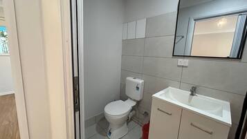 Un baño con inodoro, lavabo y espejo.