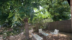 Een achtertuin met een boom, een houten hek en drie metalen stoelen.