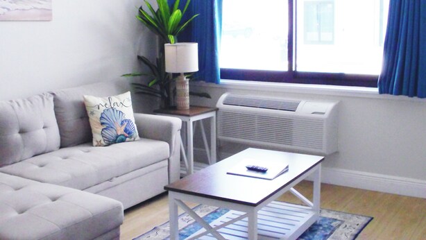A living room with a sofa, a coffee table, a lamp, and a potted plant. - Direct Oceanfront Daytona Beach Condo | Full Kitchen | Beach Access (Daytona Beach)