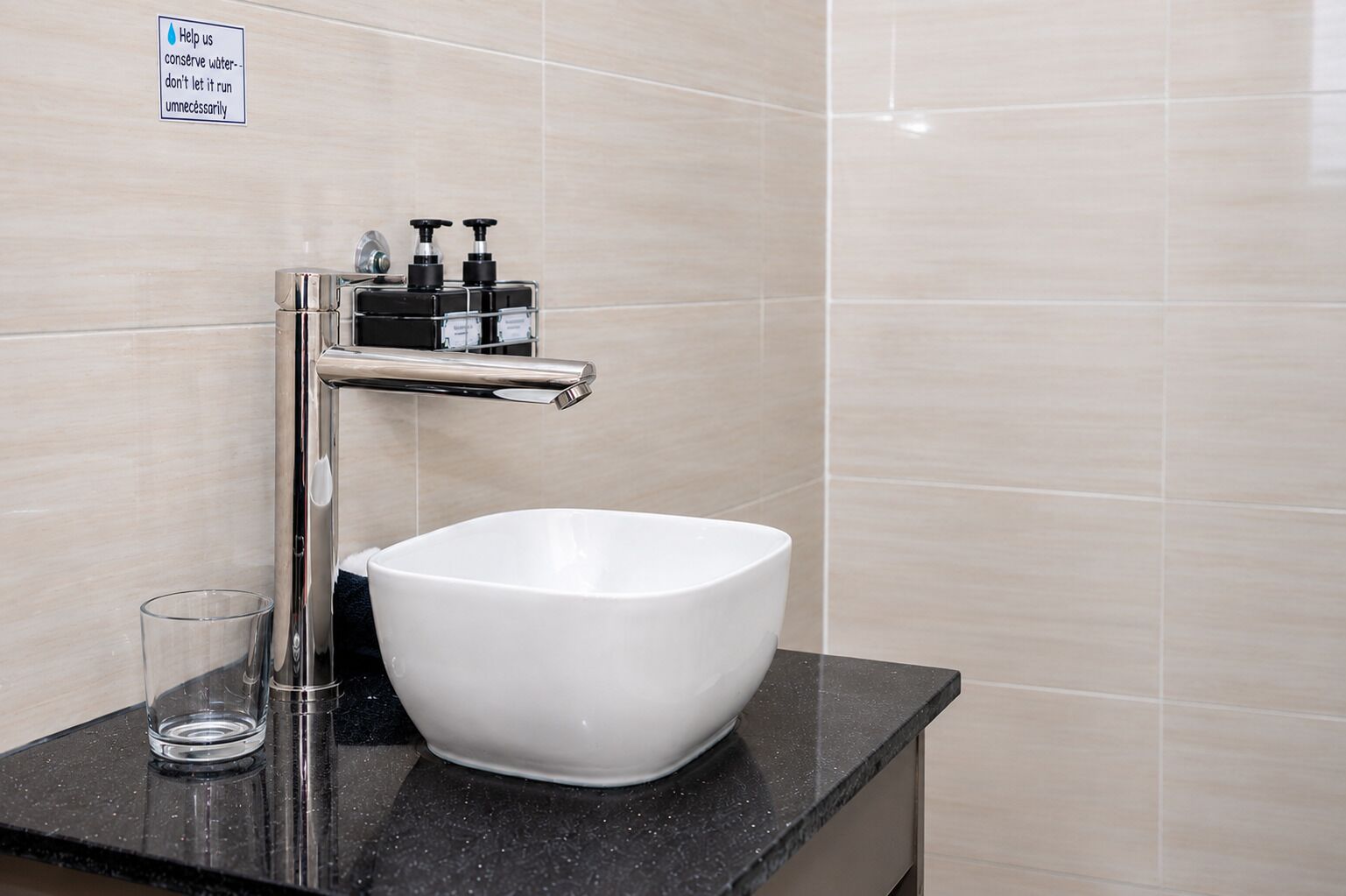Hair dryer, towels, soap, shampoo