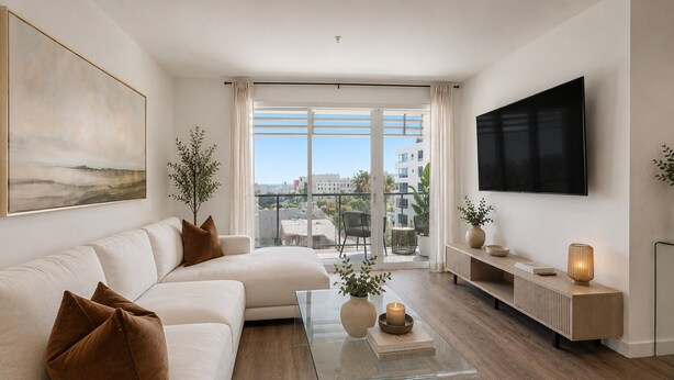 A modern living room with a sofa, a coffee table, a TV, and a balcony with a view.