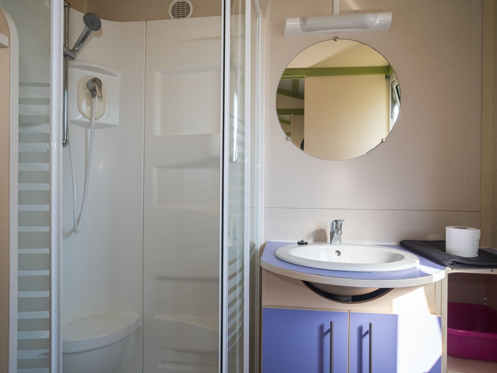 Un baño con ducha, inodoro, lavabo y espejo.