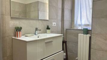 Shower, hair dryer, bidet, towels