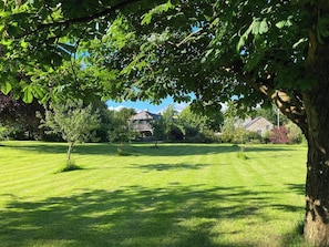 A well-maintained grassy lawn with a small tree and a house in the background. - The Forge Trevadlock Manor Cornwall (Congdon's Shop)