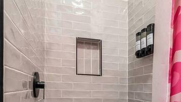 Hair dryer, towels, soap, shampoo