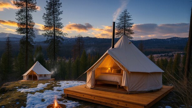 Two tents with wooden platforms, a fire pit, and a mountainous backdrop.