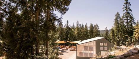A modern cabin with a large window, surrounded by a forest.