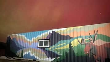 A mural with a mountain and deer on a wall.