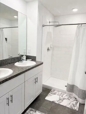 Hair dryer, towels, soap, toilet paper