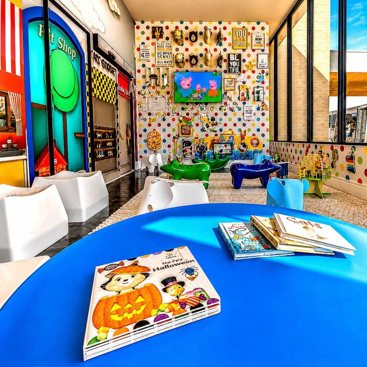 A children's play area with colorful furniture and a large TV screen.