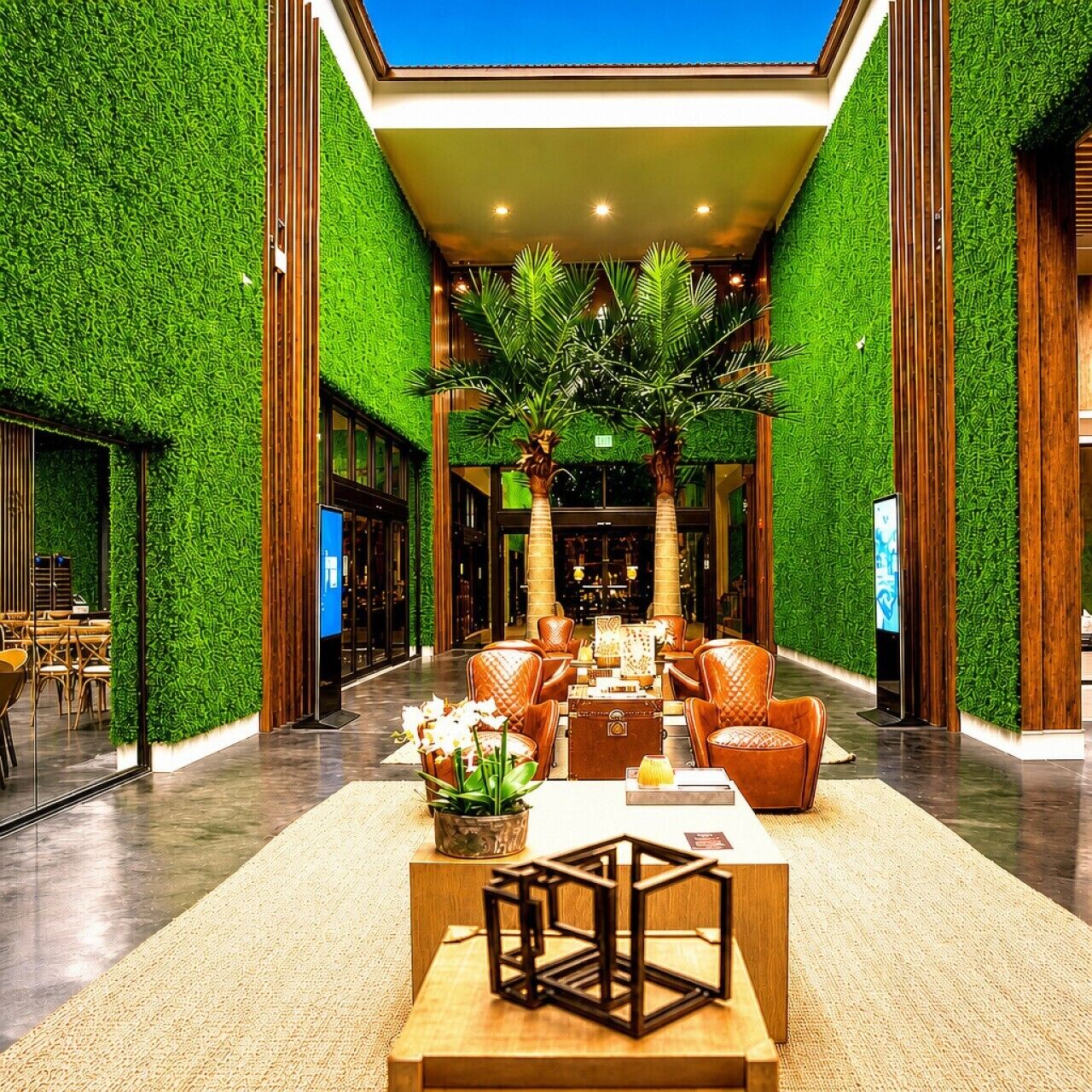 A lobby with a green wall, a reception desk, and a seating area with chairs and a table.
