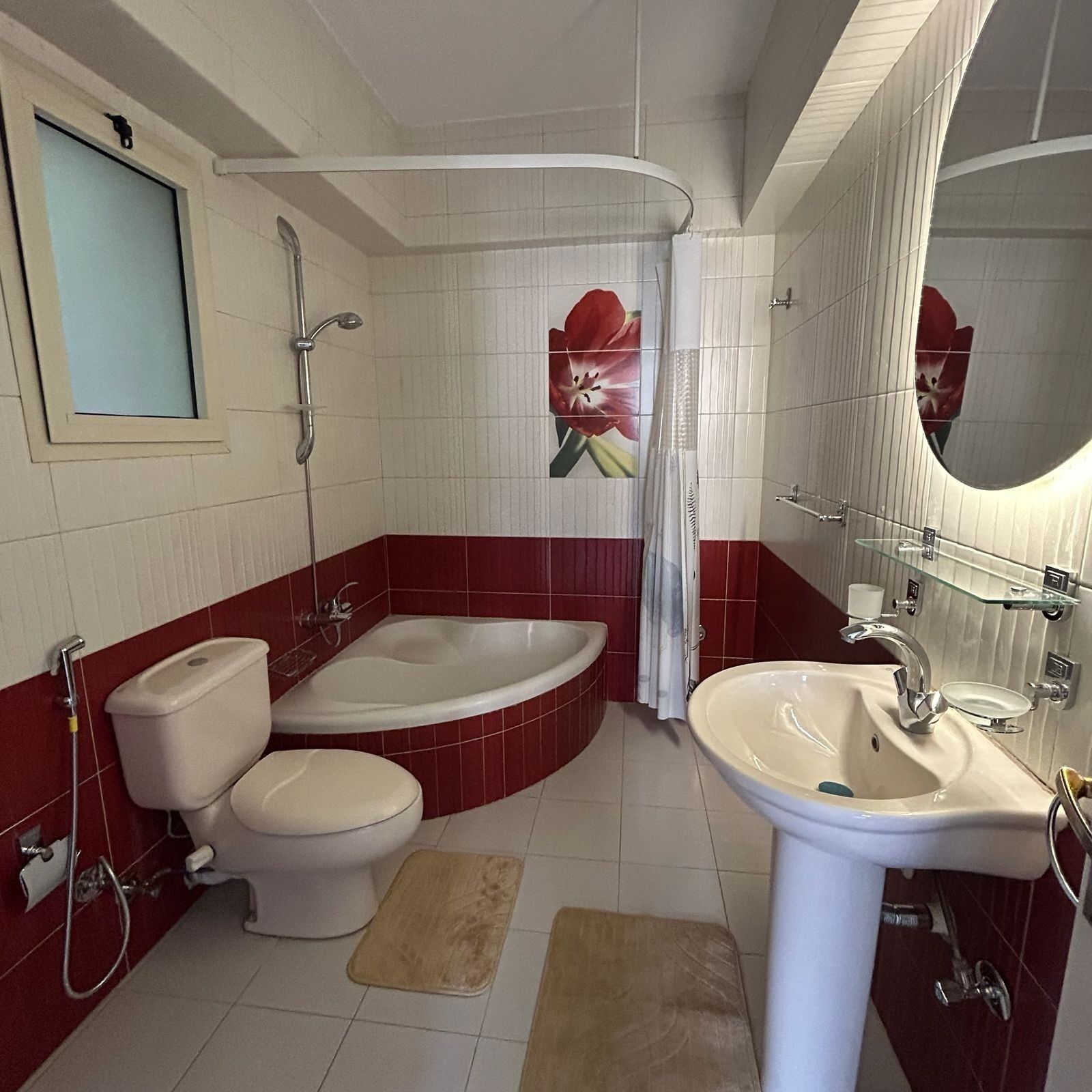 Douche, baignoire à jets, bidet, serviettes fournies