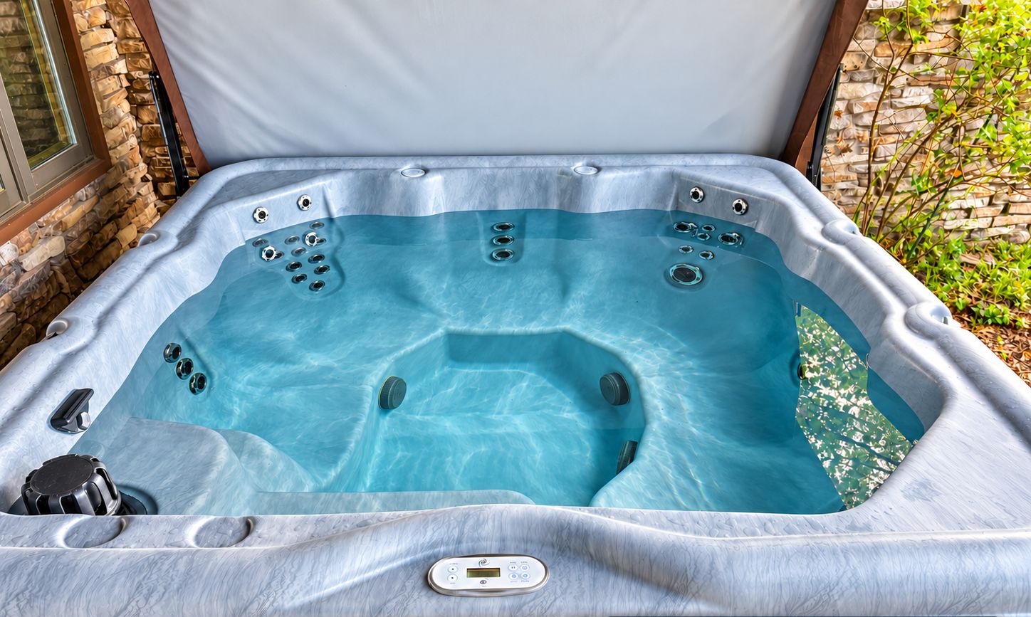 Enjoy spacious seating and soothing massage jets beneath the covered patio.