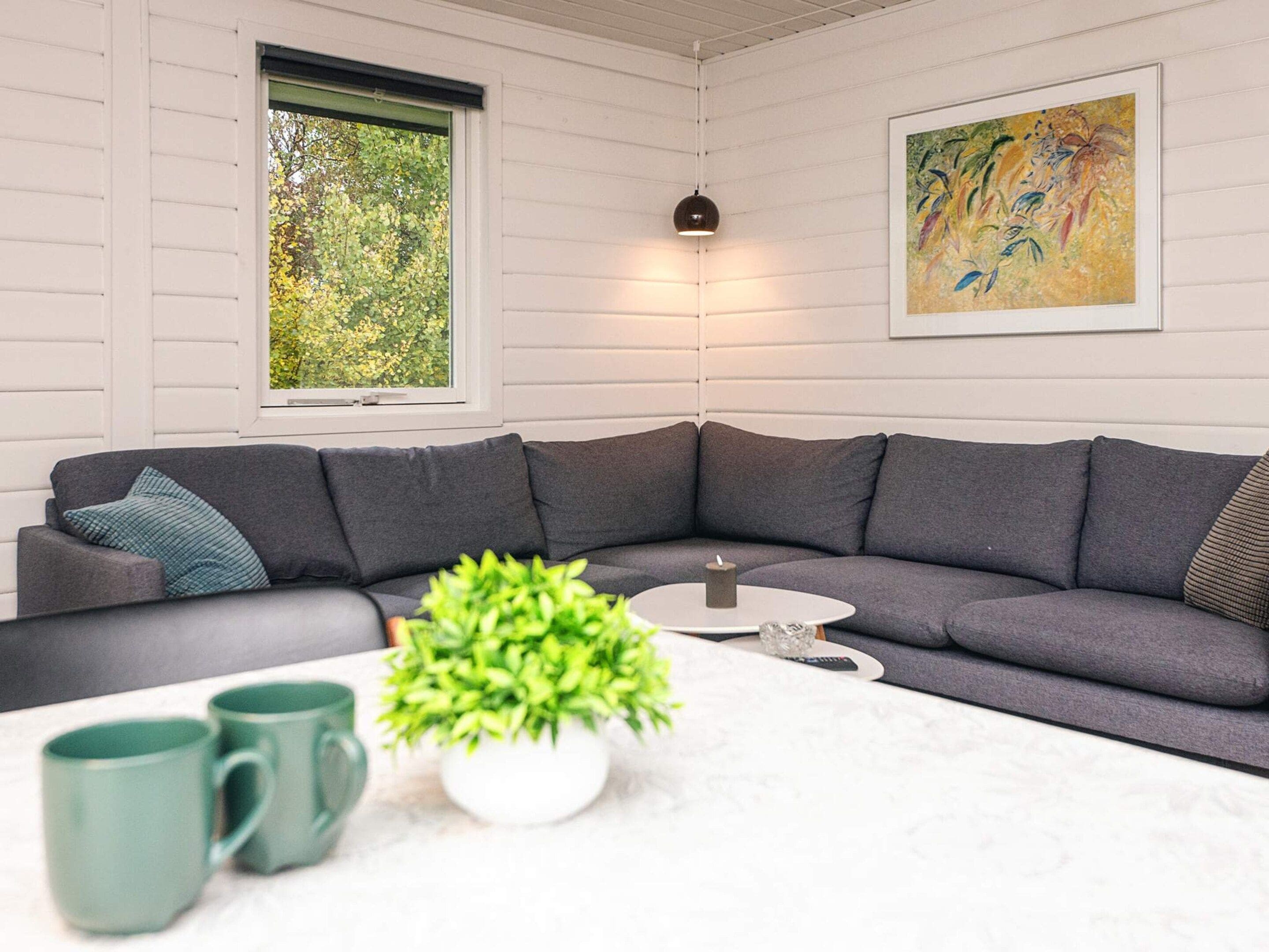 A modern living room with a grey sectional sofa, a white coffee table, and a green plant centerpiece.