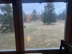 Ein Zimmer mit großem Fenster und Blick auf einen grünen Hof mit Bäumen und einer kleinen Bausubstanz.
