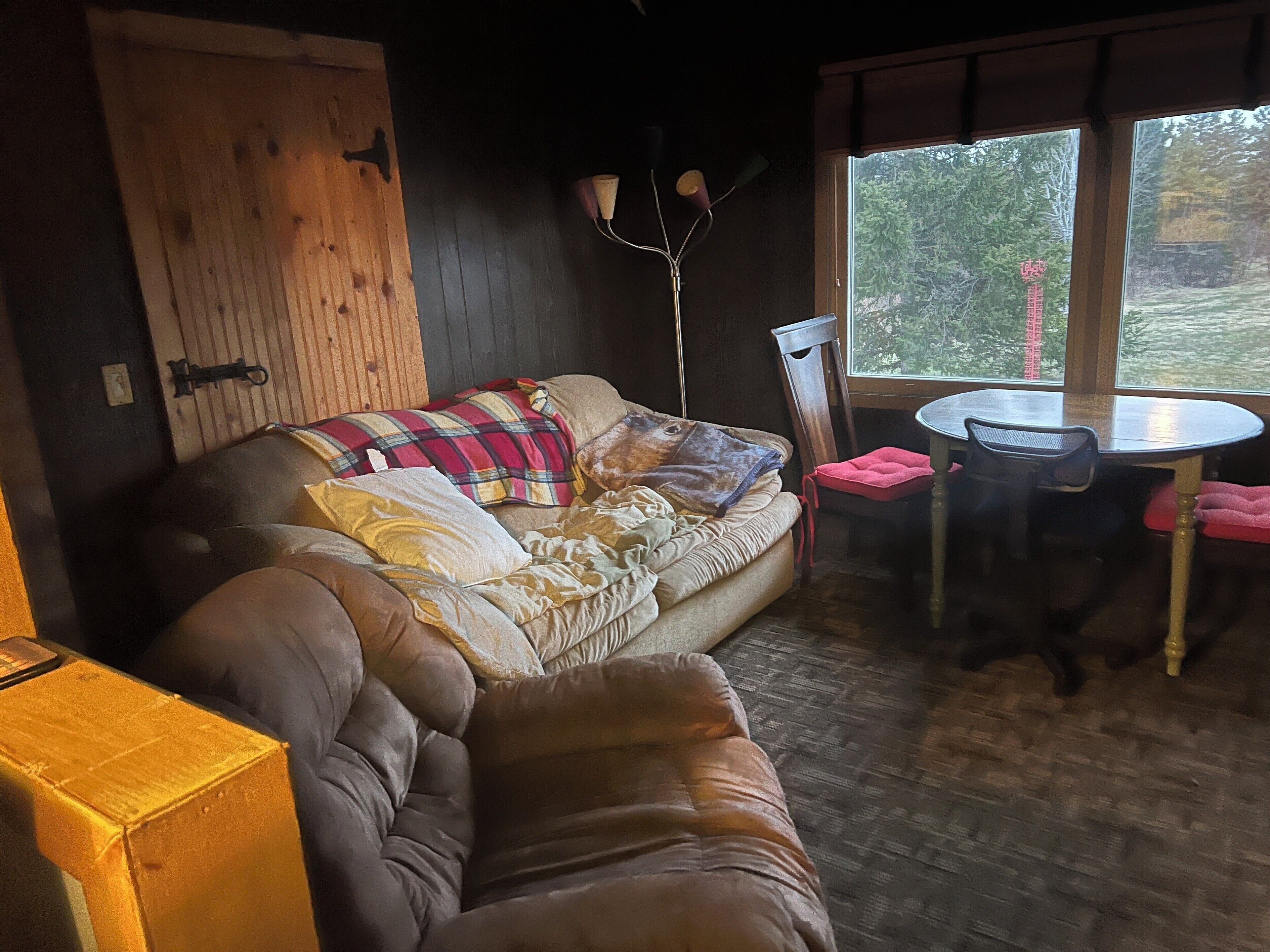 Ein gemütliches Zimmer mit einer Couch, einem Esstisch mit Stühlen und einem Fenster mit Blick auf Bäume.