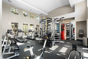 Un gimnasio con cintas de correr, elípticas, una estructura para sentadillas y un saco de boxeo.