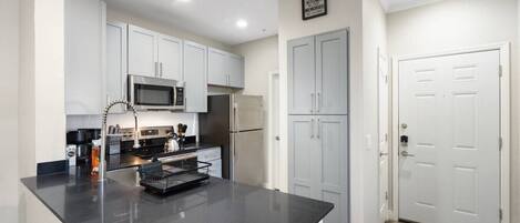 Una cocina moderna con armarios blancos, encimera negra, electrodomésticos de acero inoxidable y una puerta gris.