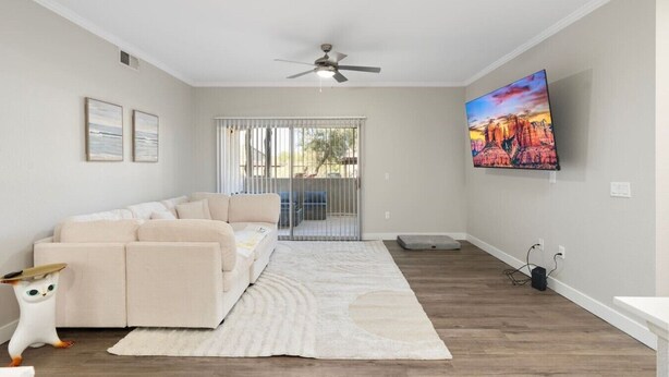 A living room with a beige sofa, a white cat, a ceiling fan, a TV, and a window with blinds. - Your Fun Friendly Stay (Scottsdale)