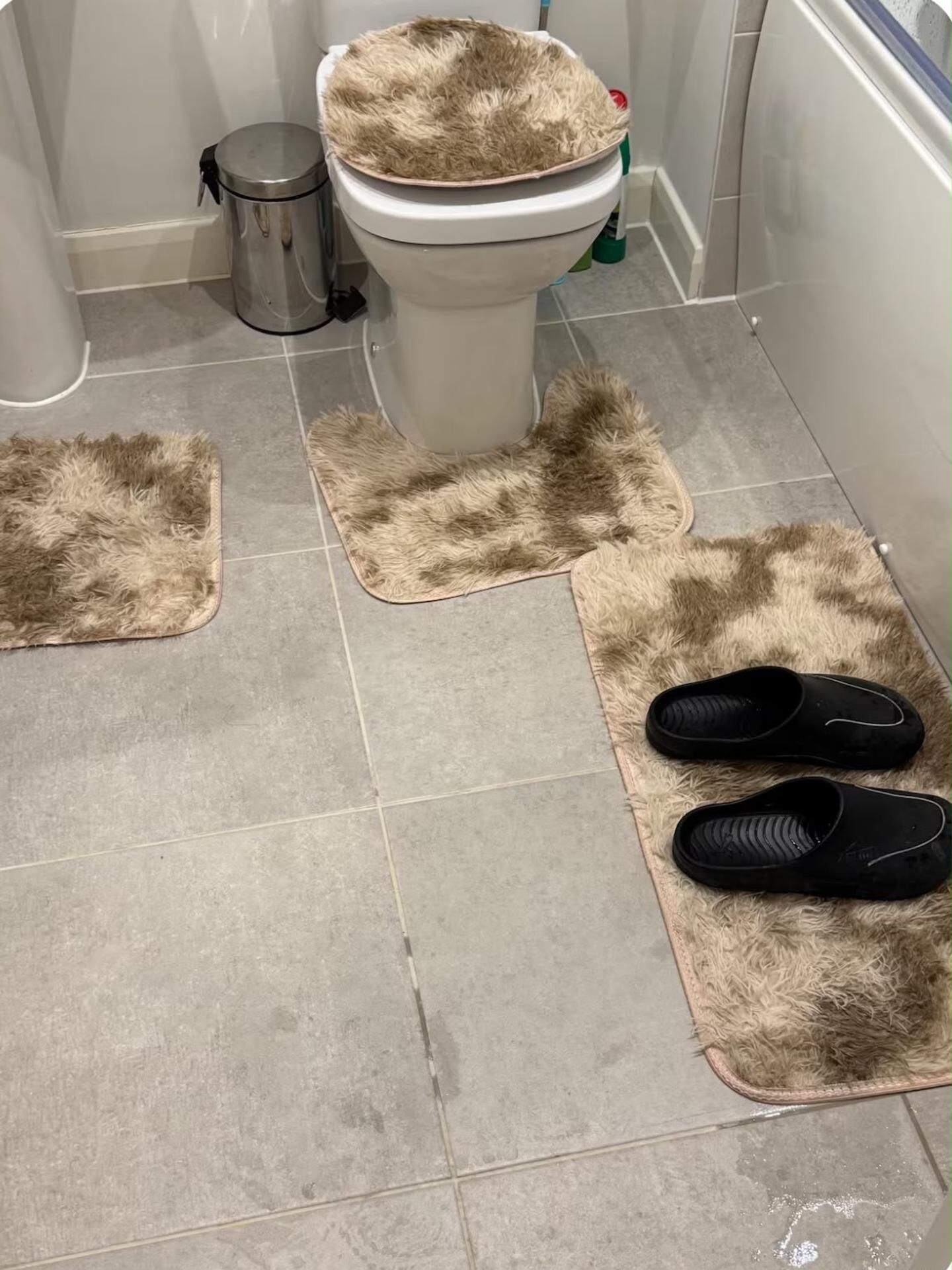 Een badkamer met een toilet, een bidet en een prullenbak. Op de vloer liggen twee zachte vloerkleden.