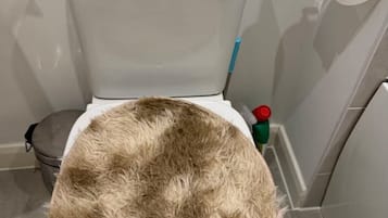 Kombinasi shower/bathtub, bathtub besar, dan handuk