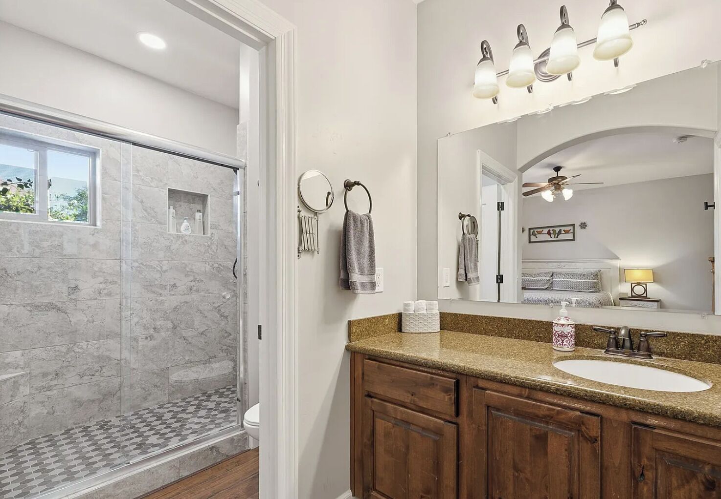 Hair dryer, towels, soap, shampoo