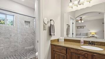 Hair dryer, towels, soap, shampoo