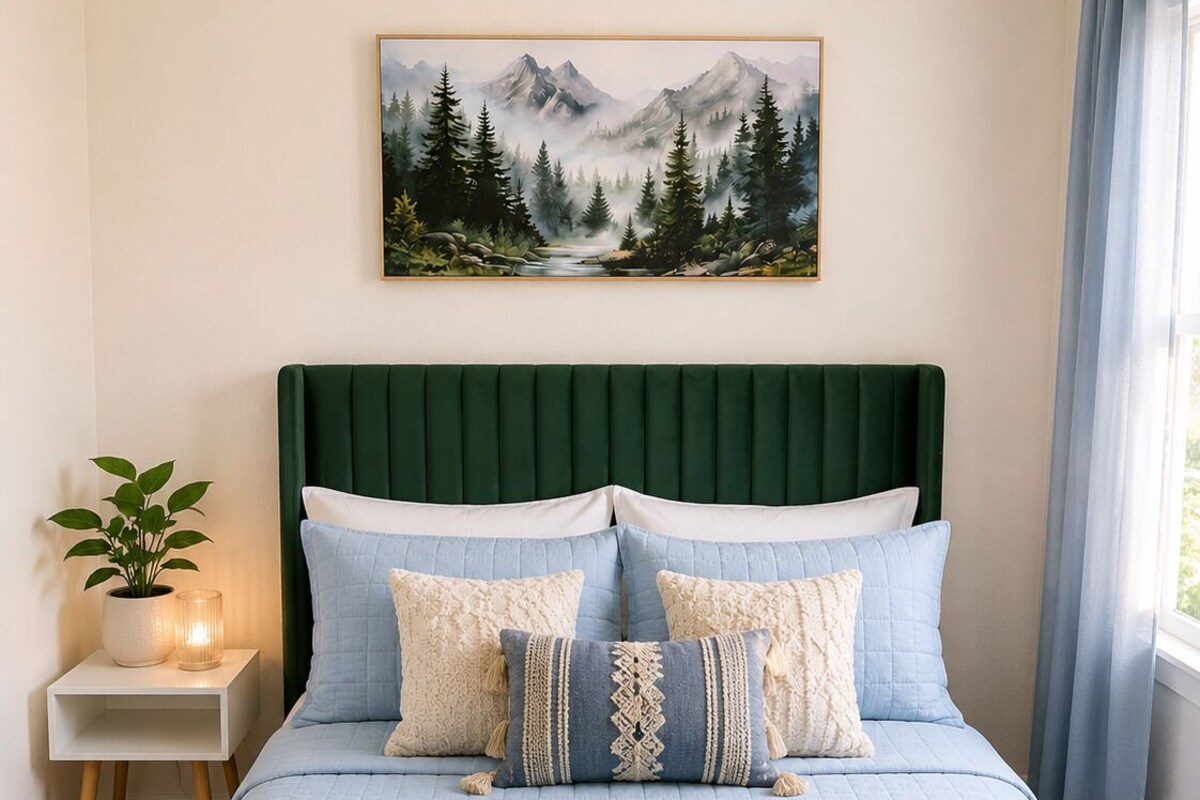 A bedroom with a bed, a bedside table with a plant, a painting on the wall, and a window with curtains.