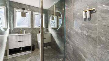 Shower, hair dryer, towels, shampoo