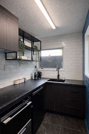 A modern kitchen with dark cabinetry, a black countertop, a built-in oven, and a window above the sink. - Winifreds Apartment Where Design Meets Convenience (Hamilton)