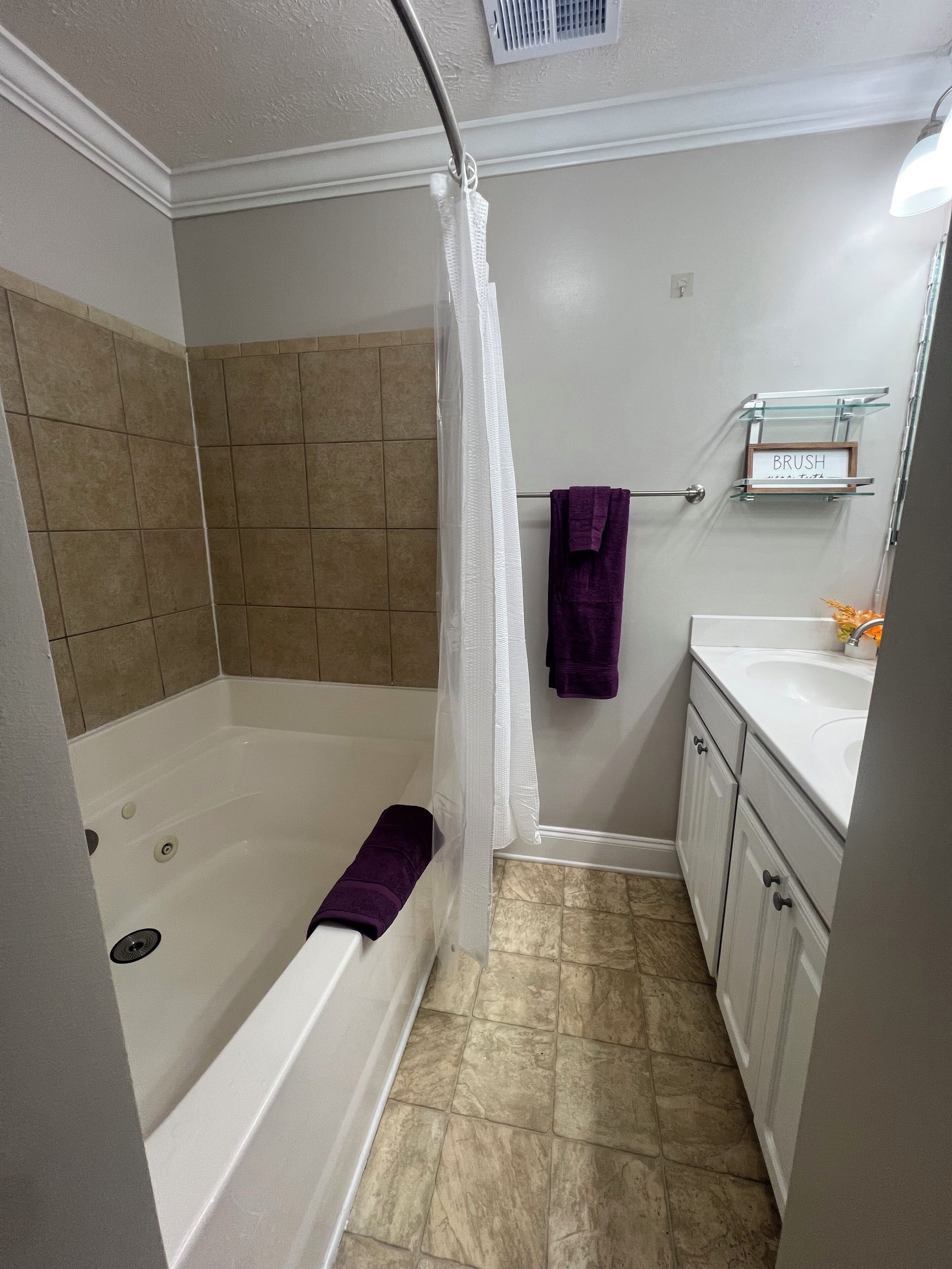 Hair dryer, towels, soap, toilet paper