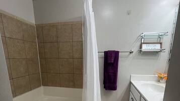 Hair dryer, towels, soap, toilet paper