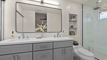 Hair dryer, towels, soap, toilet paper