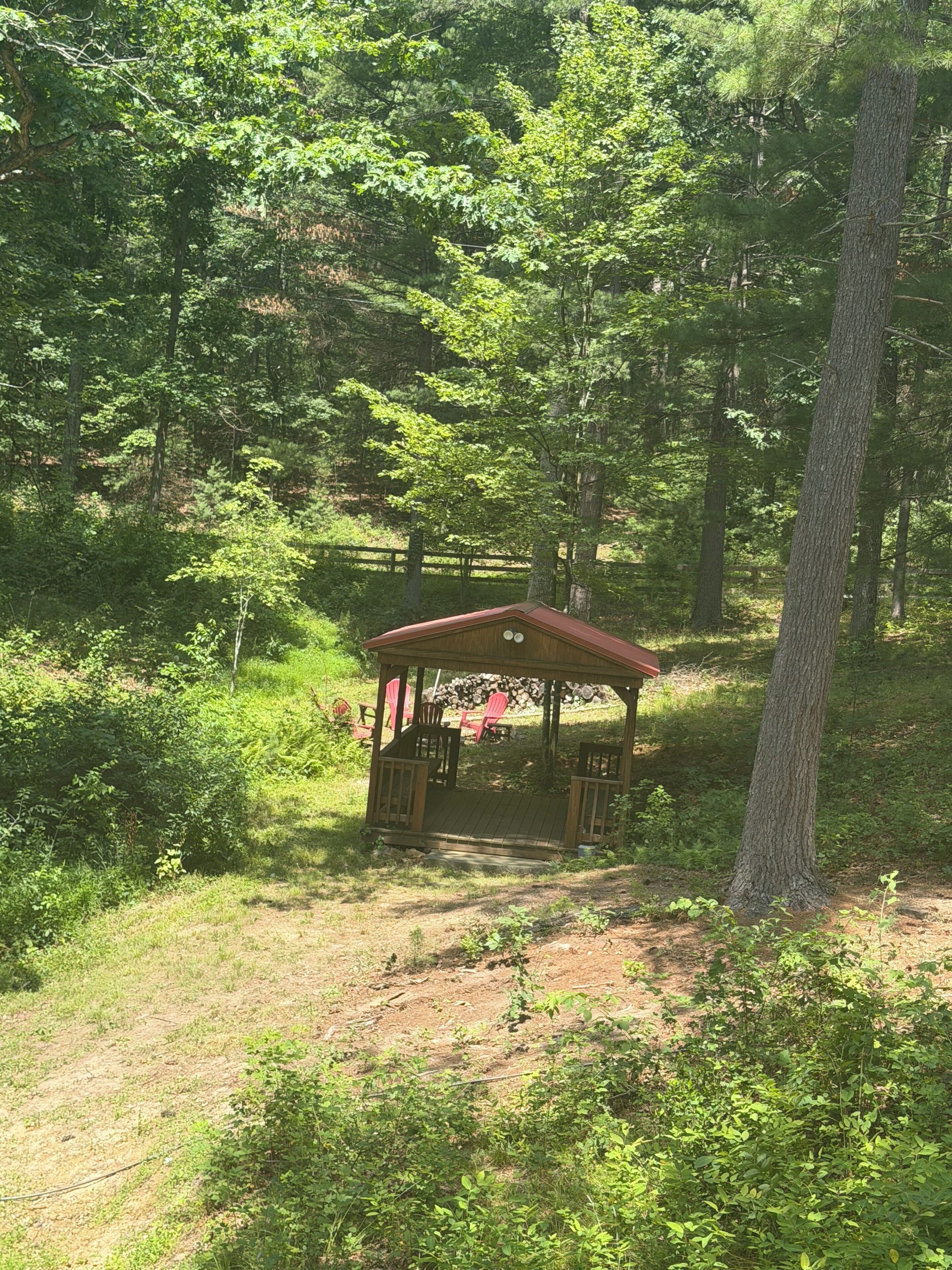 A wooden gazebo with a roof, surrounded by dense green foliage and trees.