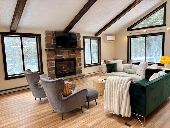 Smart TV, chimenea, libros