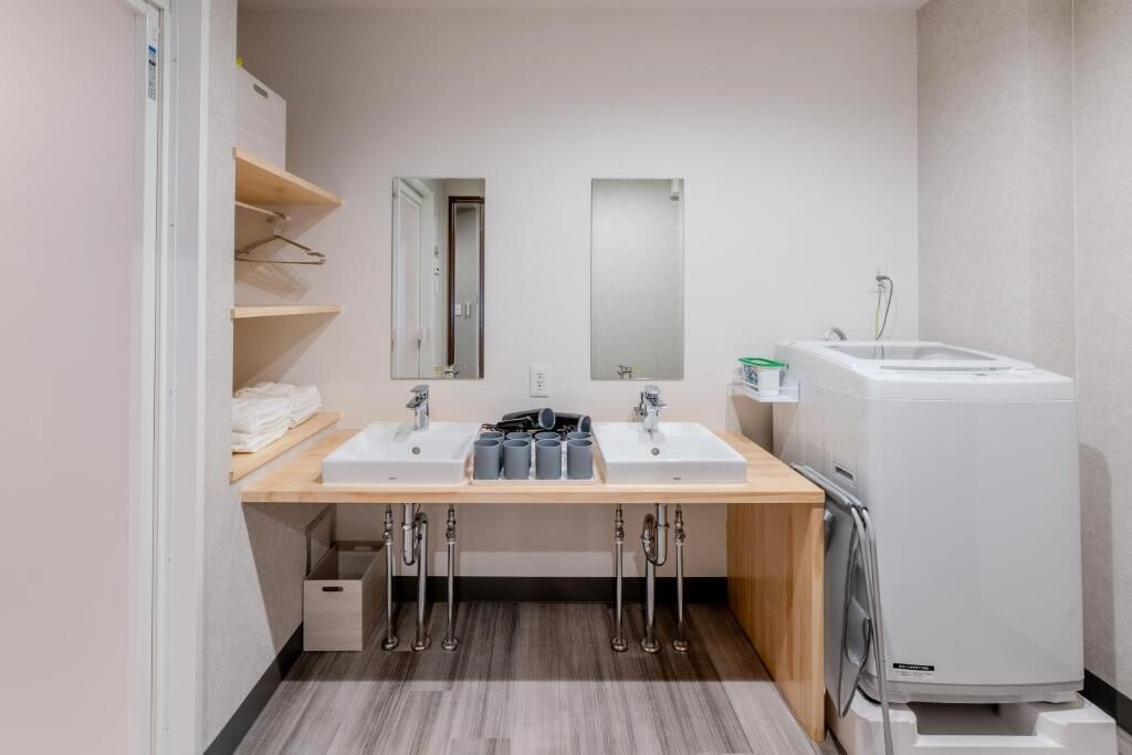 A modern bathroom with two sinks, a mirror, and a built-in washing machine.