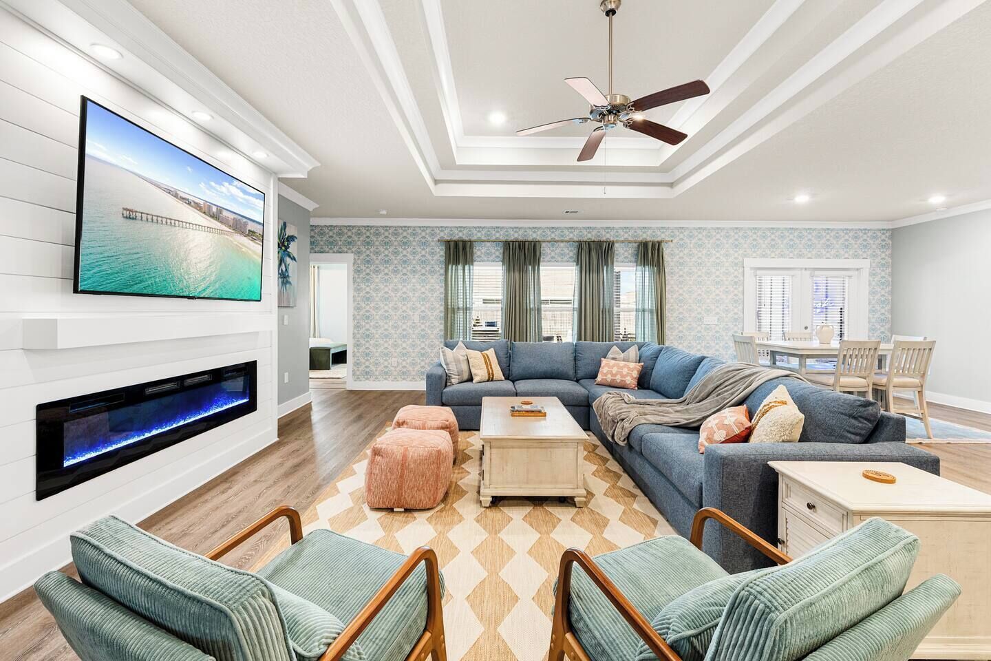 Smart TV, fireplace, table football