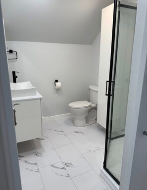 Regadera, secadora de cabello, toallas, papel de baño 