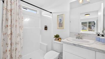 A modern bathroom with a shower, toilet, and sink.