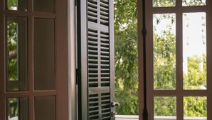 A door with a window view of greenery and a white balustrade. - Pavilion Essence Hanoi Hotel (Hanoi)