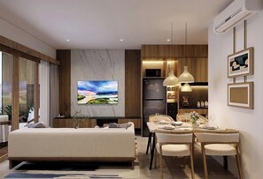 Villa, Poolblick | Wohnbereich | 55-Zoll-Smart-TV mit Digitalempfang
