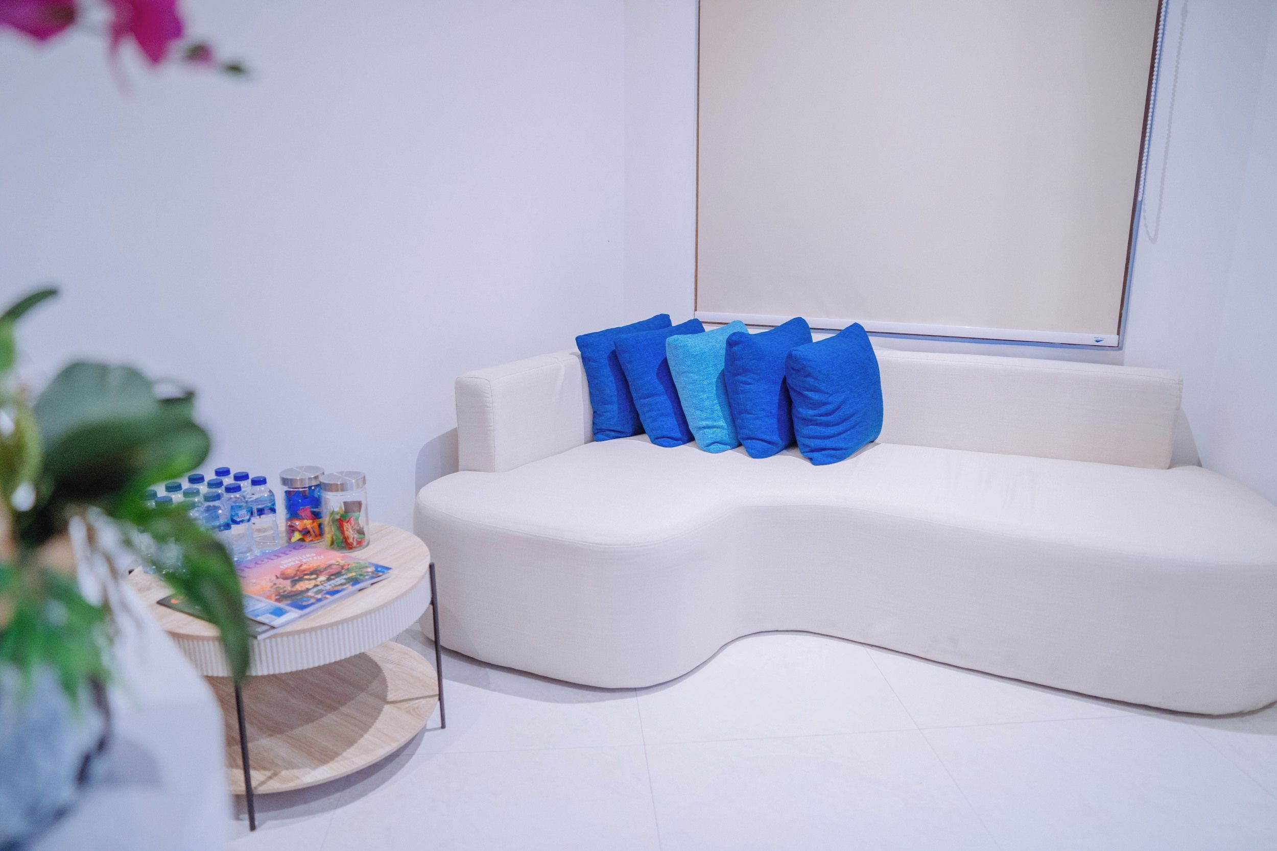 A modern, curved white sofa with blue cushions against a plain wall, a small round table with various items, and a potted plant in the foreground.