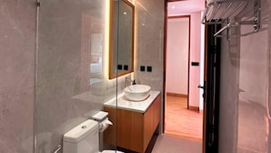 Un baño moderno con ducha envuelta en vidrio, inodoro blanco, tocador de madera con lavabo y un espejo sobre el tocador.