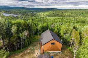 A cabin surrounded by dense forest, a lake in the background, and a hilly landscape.