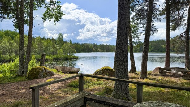Une terrasse en bois avec un banc donnant sur un lac entouré d’arbres.