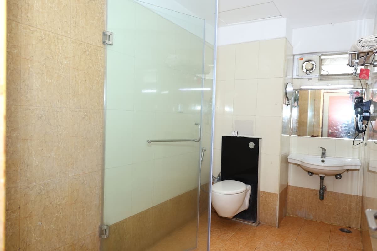Shower, towels, soap, shampoo