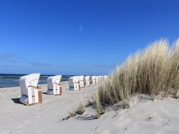 Una spiaggia con file di sedie a sdraio bianche e una duna ricoperta di erba alta.